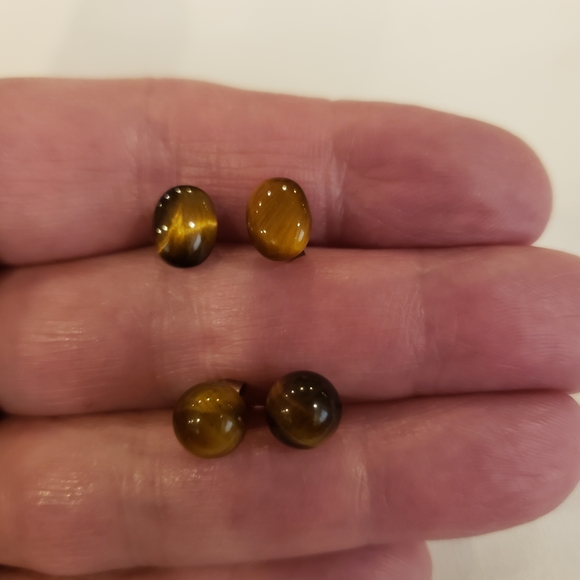 Jewelry - 2 Pairs- Tiger's Eye Brown Stud Earrings- Round & Oval